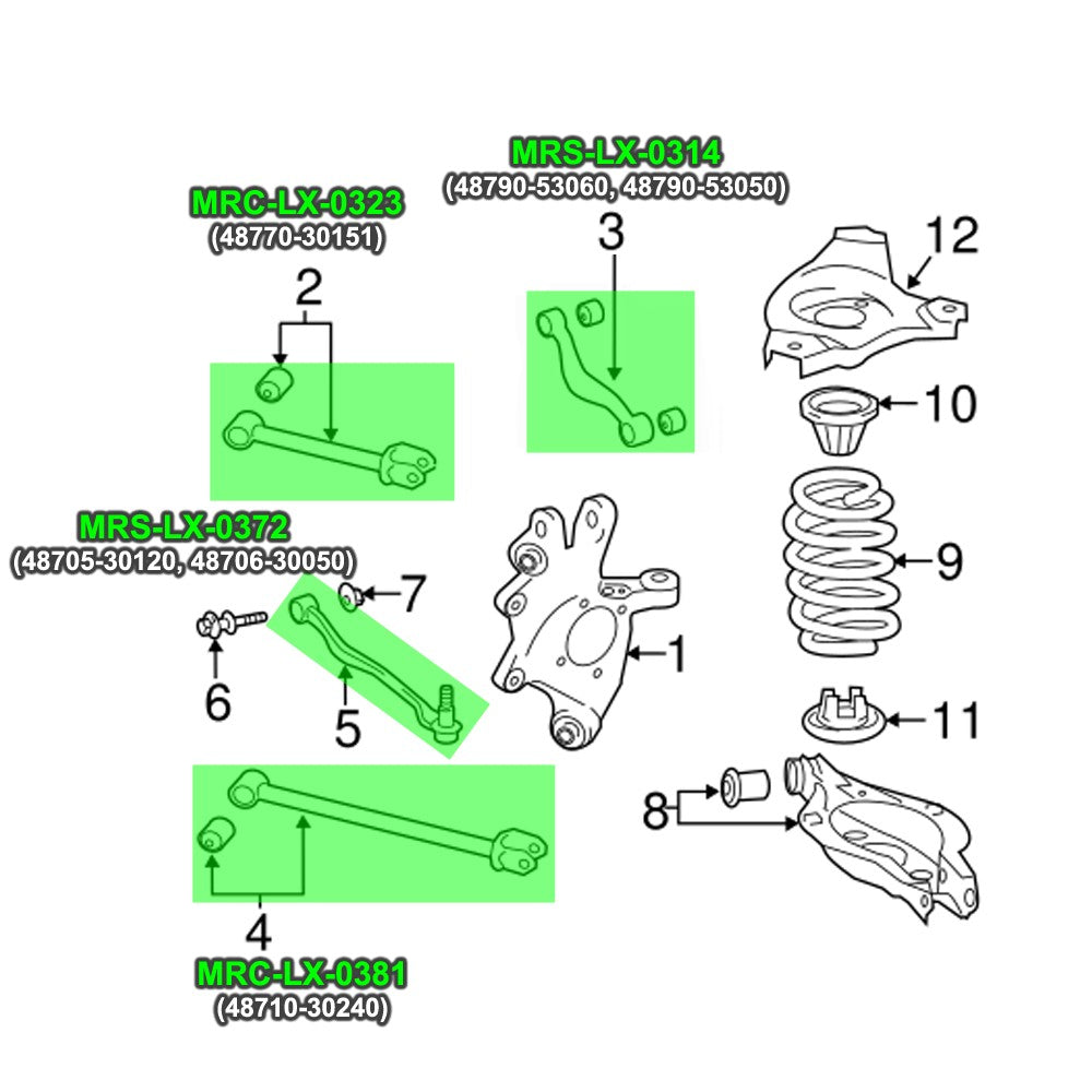 MRC-LX-0314+0323+0372+0381 Megan 8PC Rear Camber/Toe/Traction Rod Control Arm For 13+GS L10/IS XE30/RC XC10