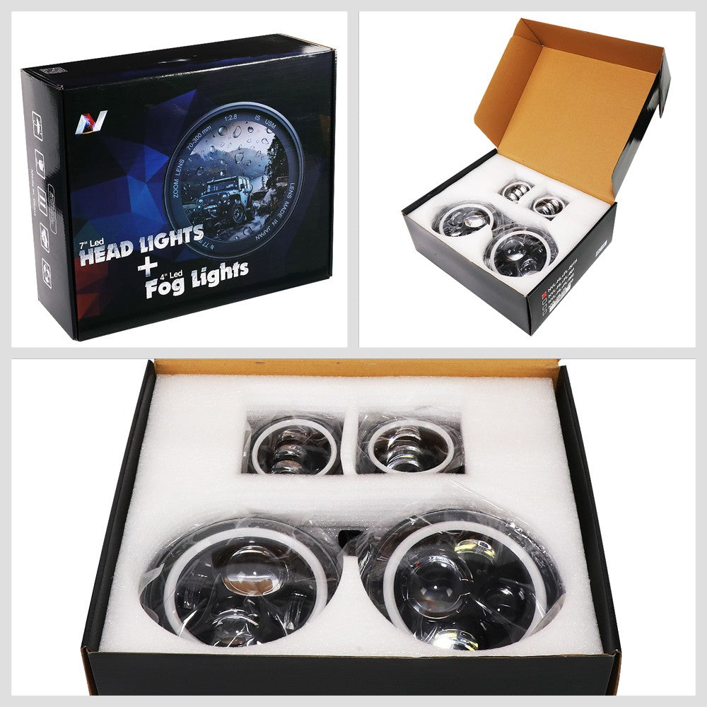 White Amber Halo LED DRL Projector Headlight+Fog Light For 18 Wrangler JK