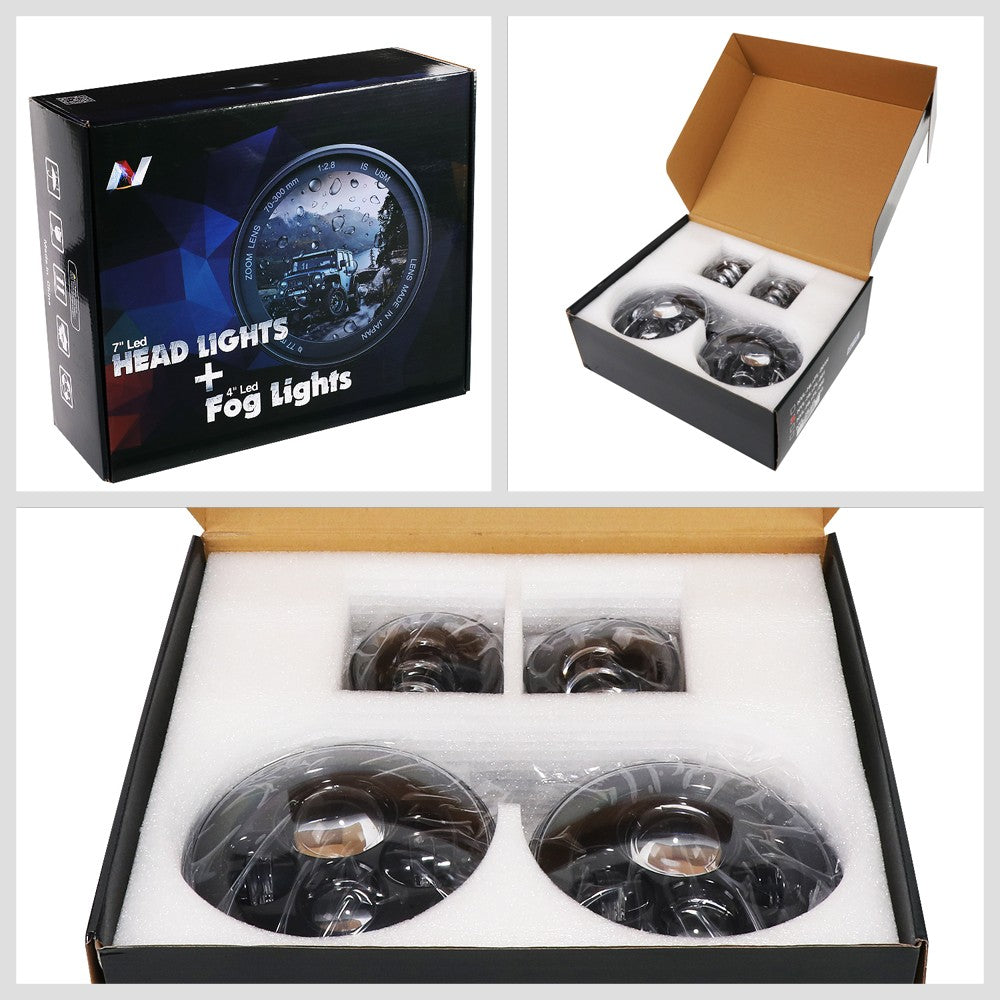 White Amber Halo LED DRL Projector Headlight+Fog Light For 07-17 Wrangler