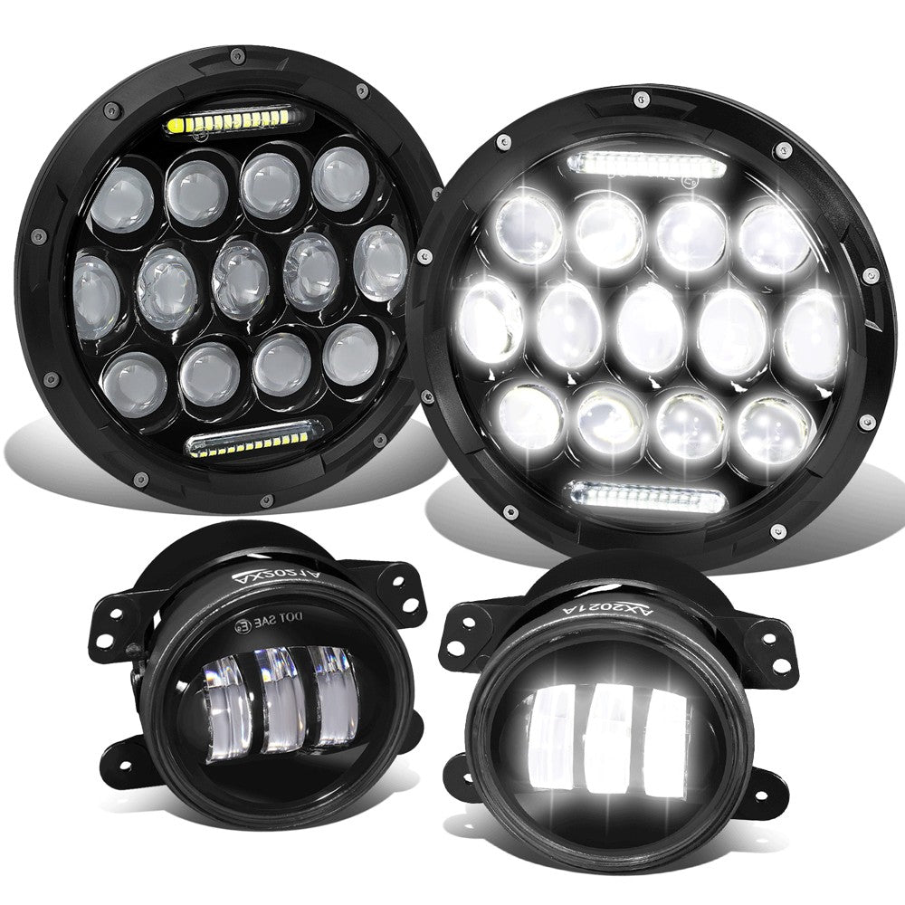 LED DRL Projector White LED Black Housing Headlight+Fog Light For 18 Wrangler JK