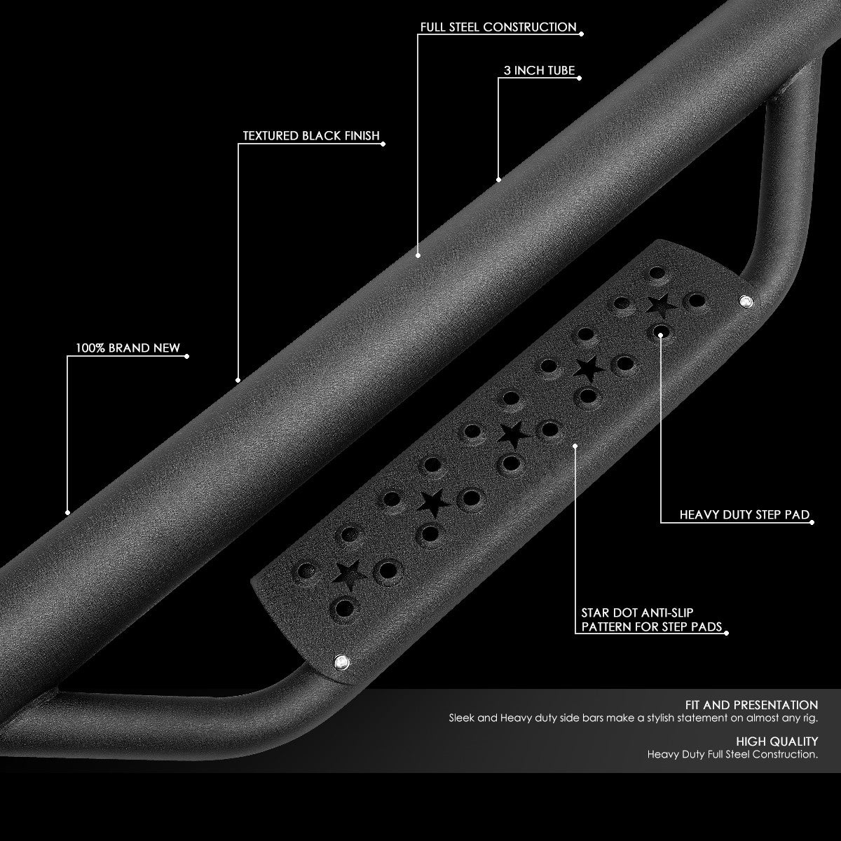 75" Black 3" Round Bar/Drop Step Running Board For 07-18 Jeep Wrangler 4-Door JK