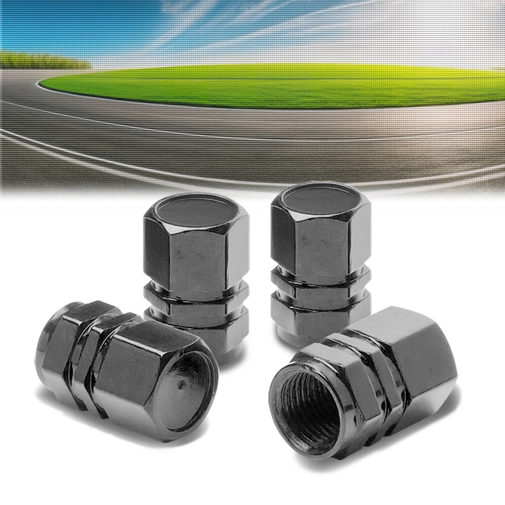 71-R-059-BK BFC 4PCs Hexagonal Ring Style Black Chrome Tire Wheel Rim Valve Air Stems Cap
