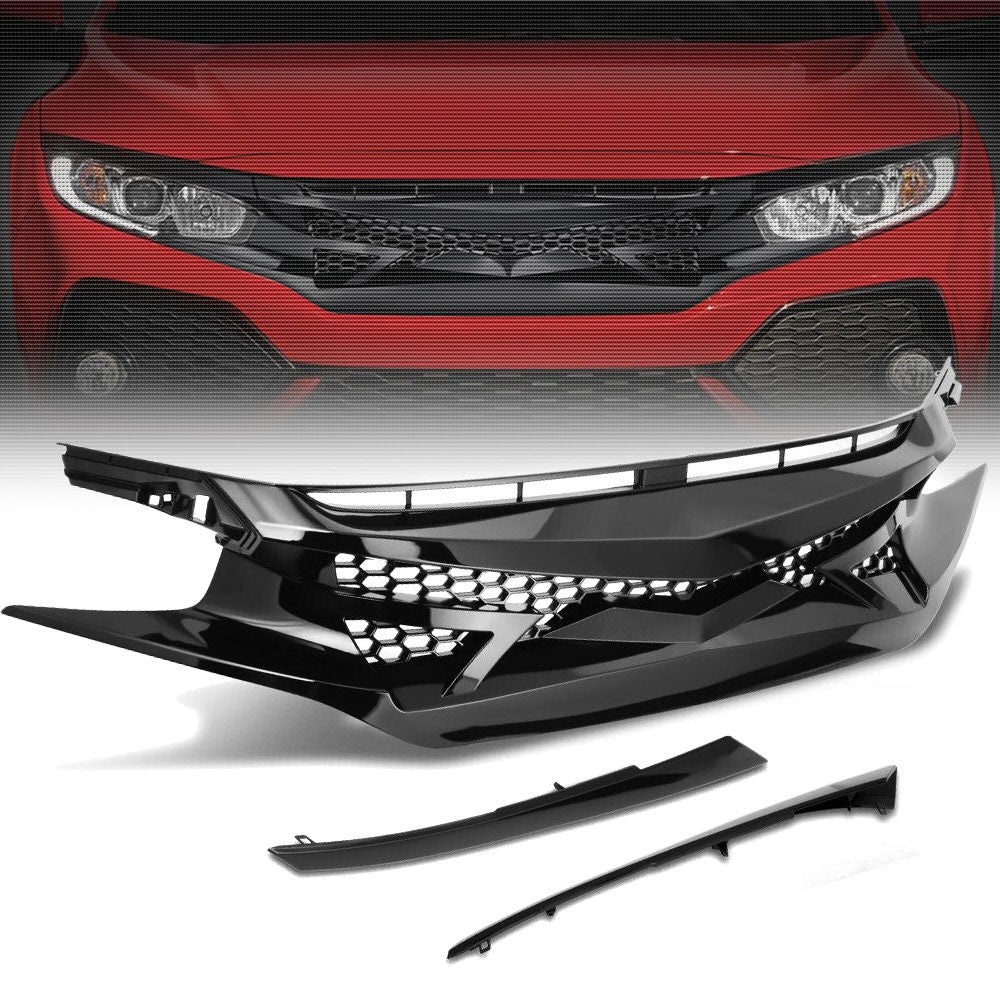 BFC-FGR-1-0183-NL Glossy Black Battle Style Mesh Front Grille For 16-18 Honda Civic 2Dr/4Dr/HB