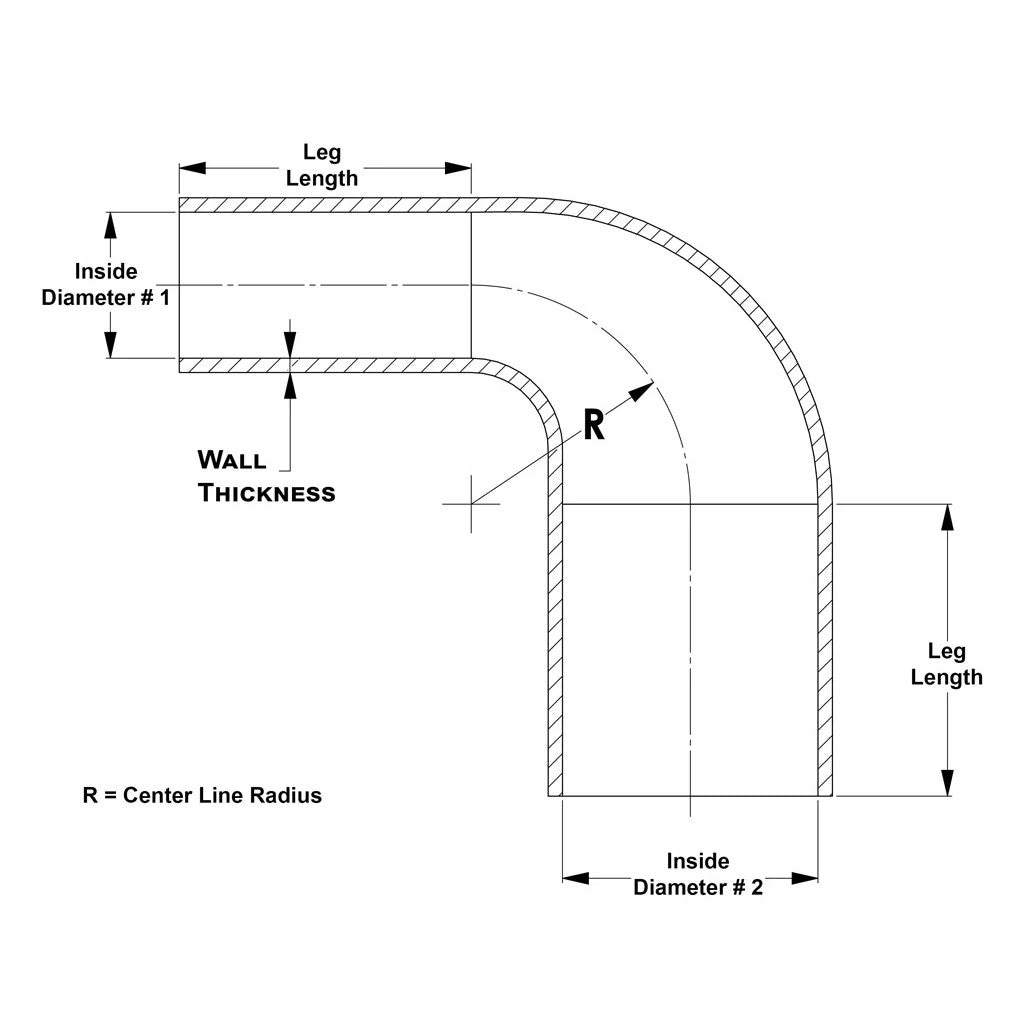 HTSER90-250-325-BLK HPS 2.5">3.25" (63mm>83mm) ID Black 4Ply Silicone 90 Degree Elbow Reducer Hose