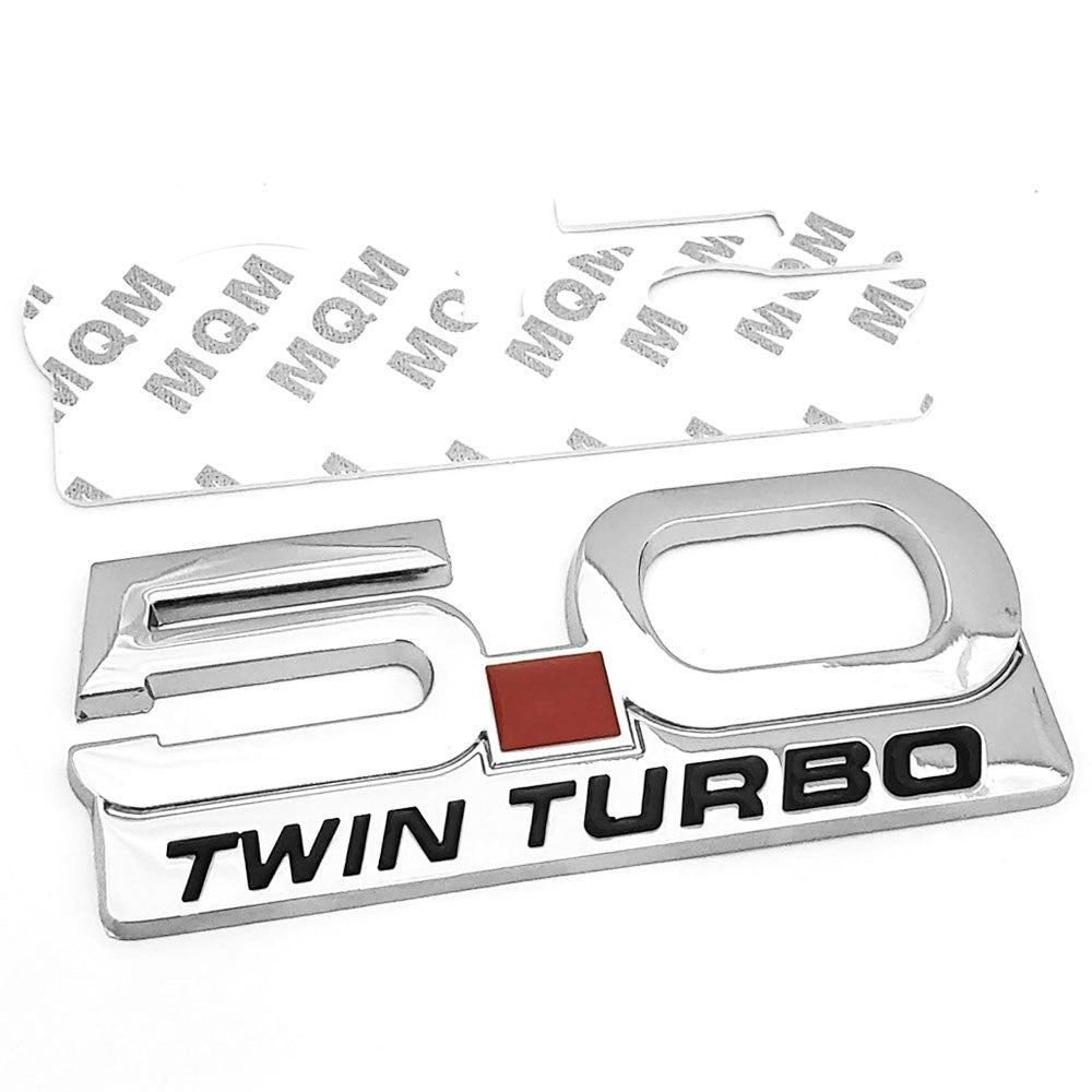 Polish Silver 5.0 TWIN TURBO Style Logo Exterior Rear Trunk Emblem Decal Badge