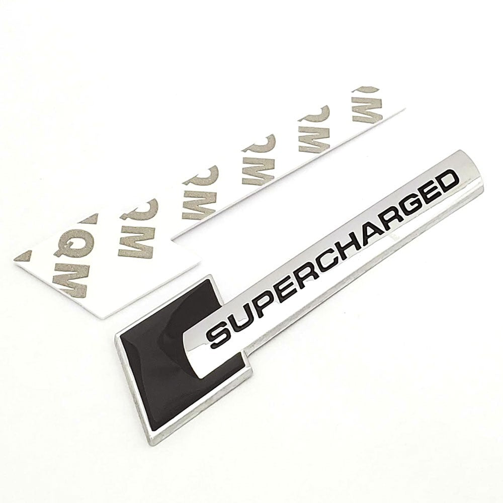 Polish Silver/Black SUPERCHARGED Style Exterior Rear Trunk Emblem Decal Badge