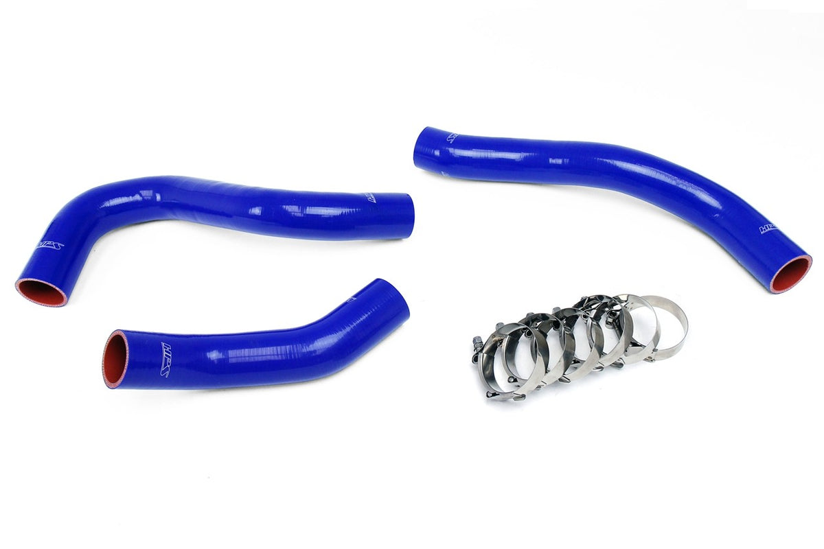 A set of blue silicone radiator coolant hoses with stainless steel clamps, designed for a Ford F-250 F-350 F-450 Superduty Powerstroke 6.4L Diesel vehicle 57-1457-BLUE