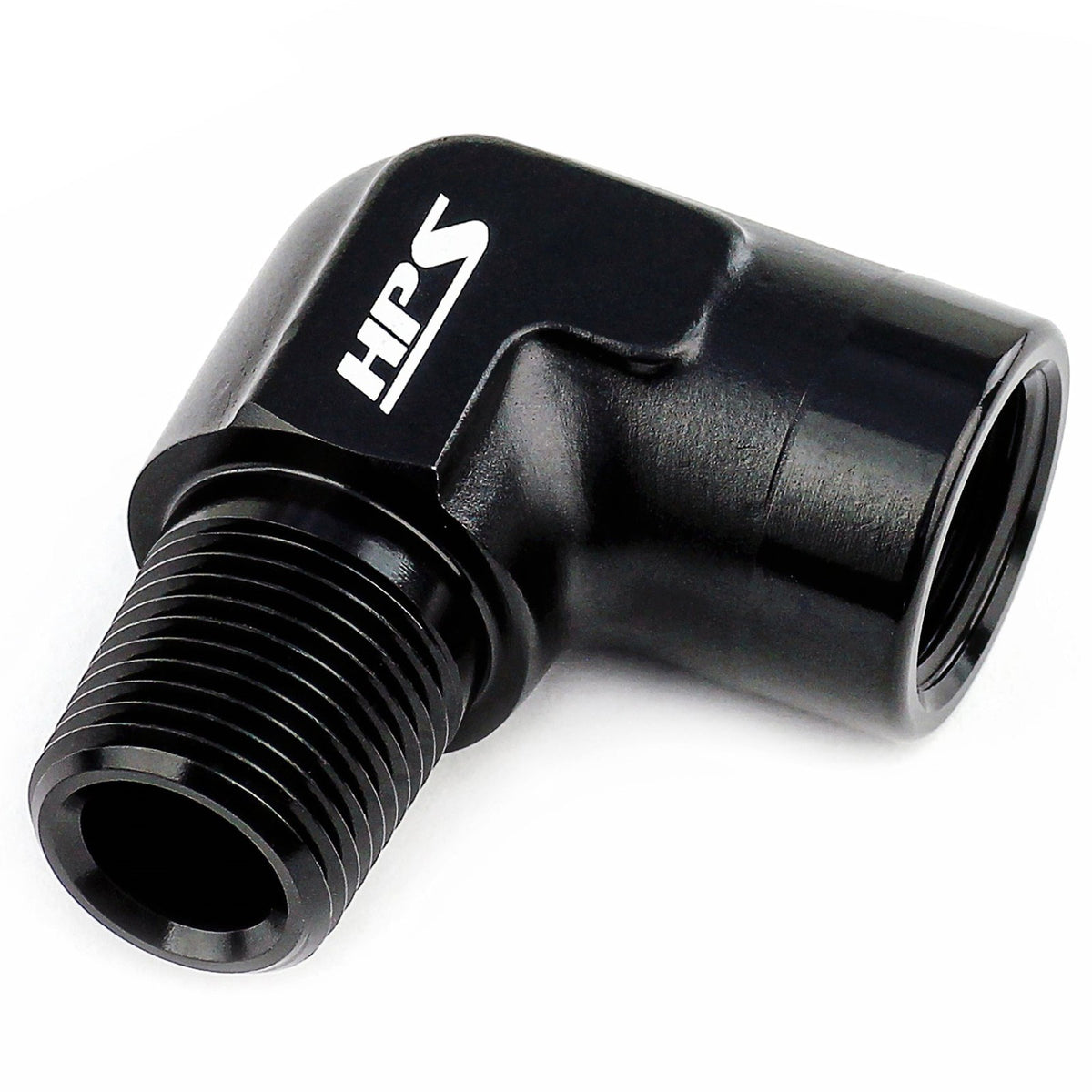 HPS NPT Male To NPT Female Adapter Fitting, 90 Degree, 3/8" NPT, Black Aluminum
