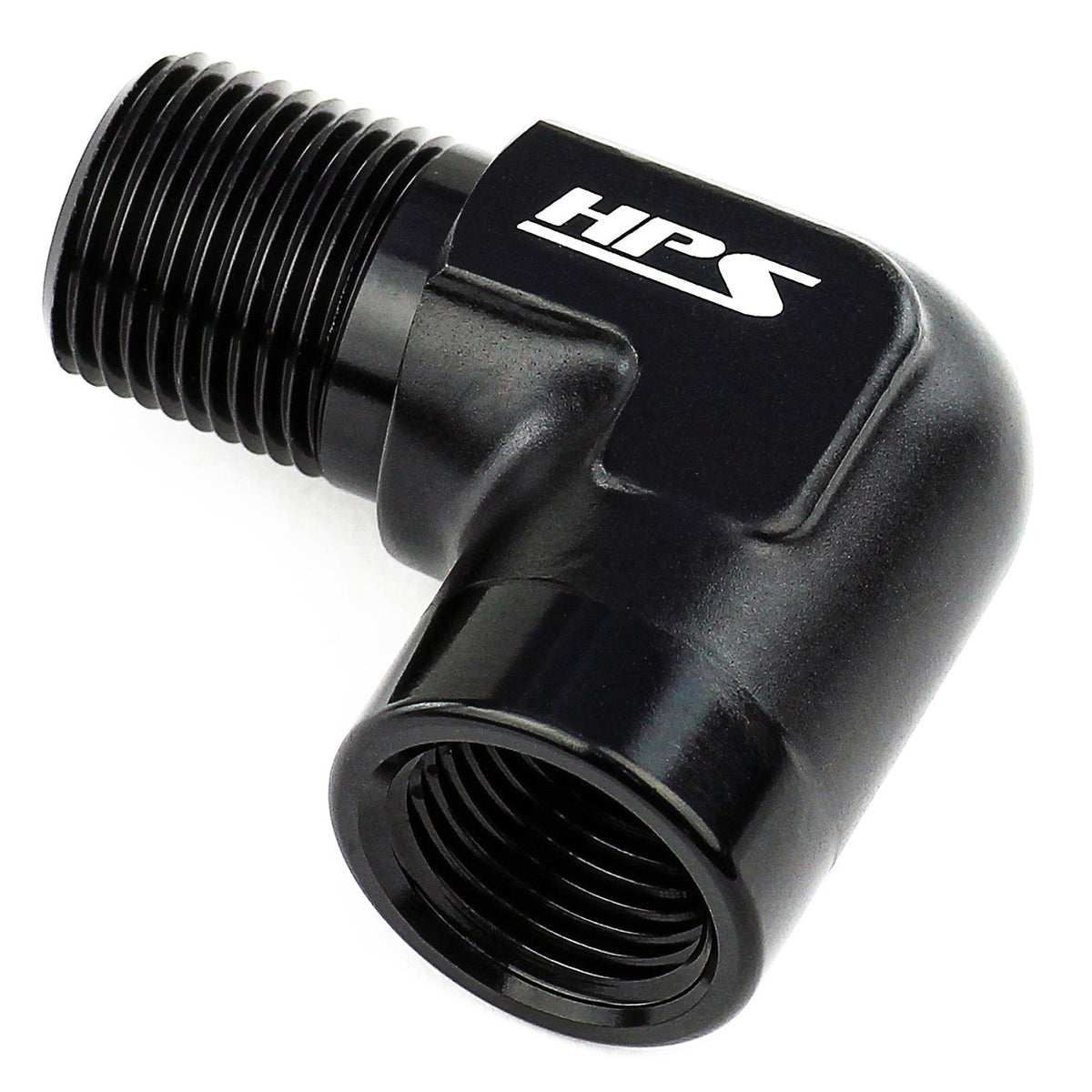 HPS NPT Male To NPT Female Adapter Fitting, 90 Degree, 1/4" NPT, Black Aluminum