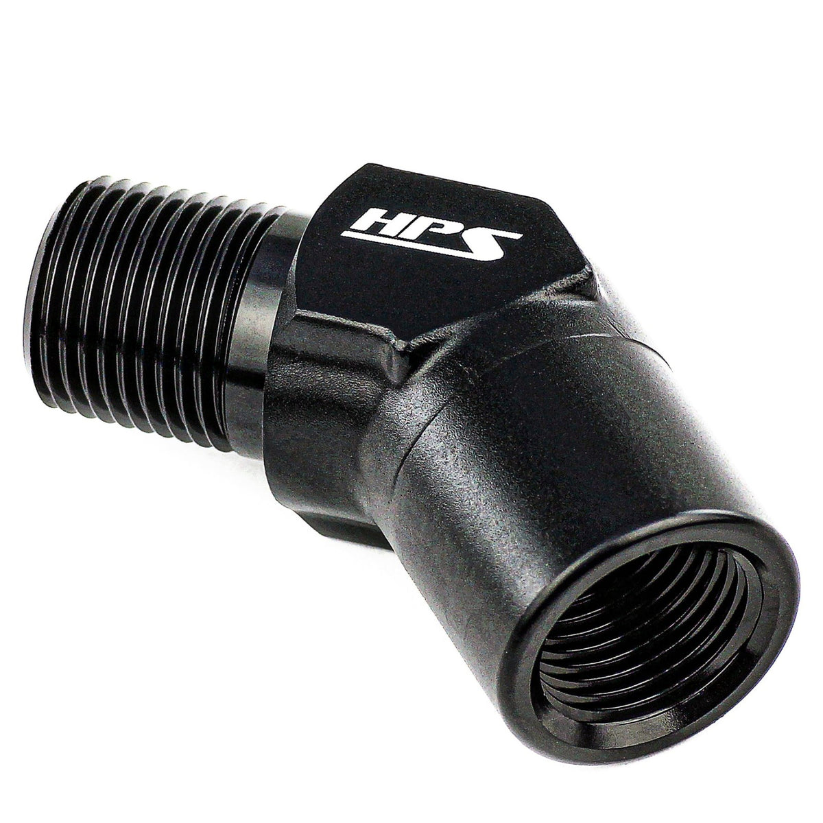HPS NPT Male To NPT Female Adapter Fitting, 45 Degree, 1/2" NPT, Black Aluminum