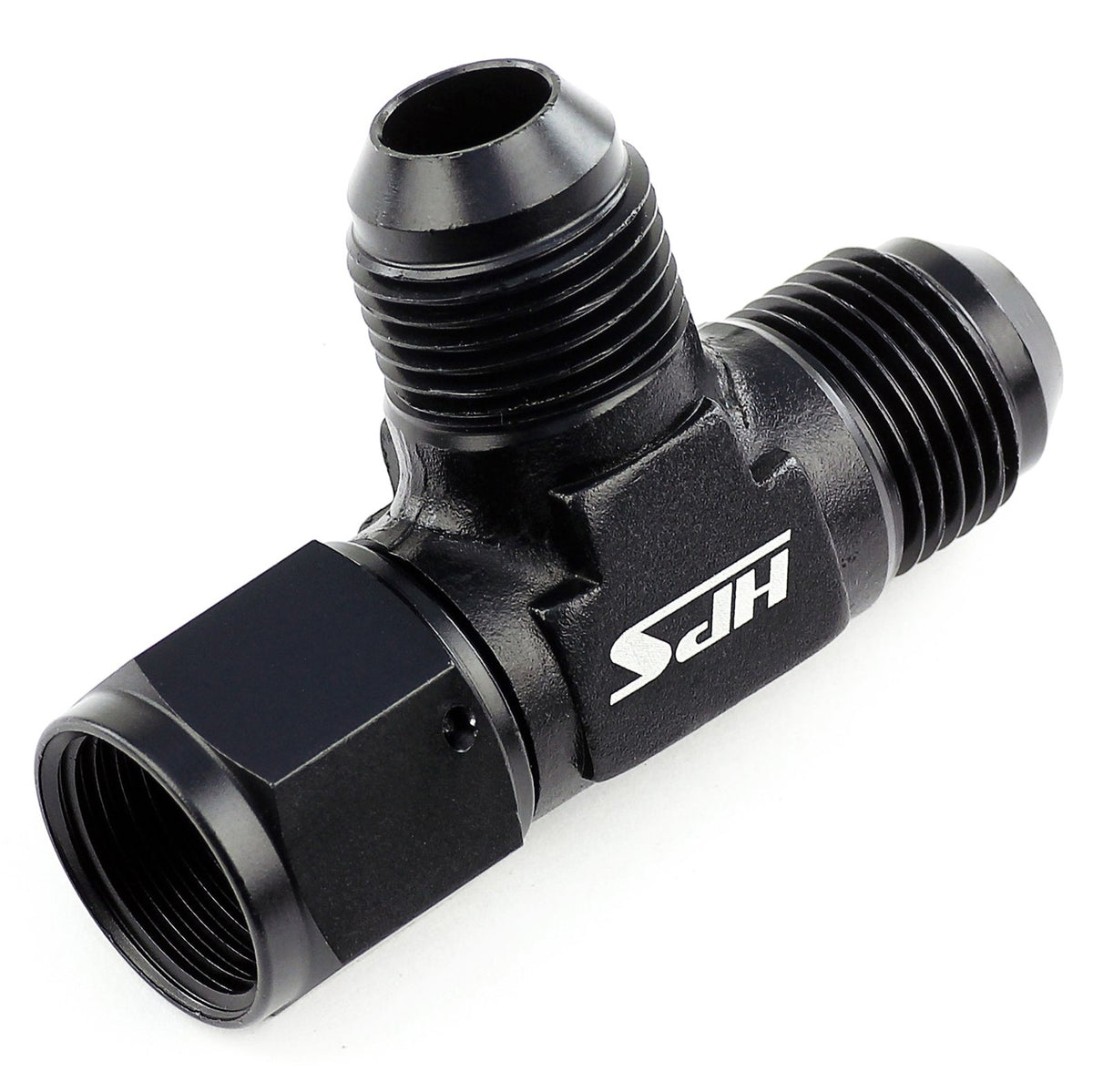 HPS AN Male 3-Way Tee Adapter Fitting with AN Female on Run, Tee, AN -10, Black Aluminum