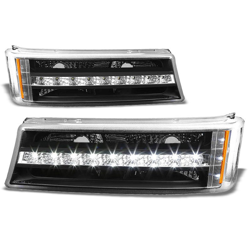 LED Running Strip Turn Signal Bumper Light Black/Clear For 03-07 Chevy Silverado-Lighting-BuildFastCar-BFC-BUMLILED-CHEVSIL03-BKAM