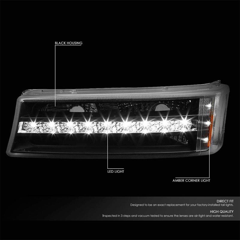 LED Running Strip Turn Signal Bumper Light Black/Clear For 03-07 Chevy Silverado-Lighting-BuildFastCar-BFC-BUMLILED-CHEVSIL03-BKAM