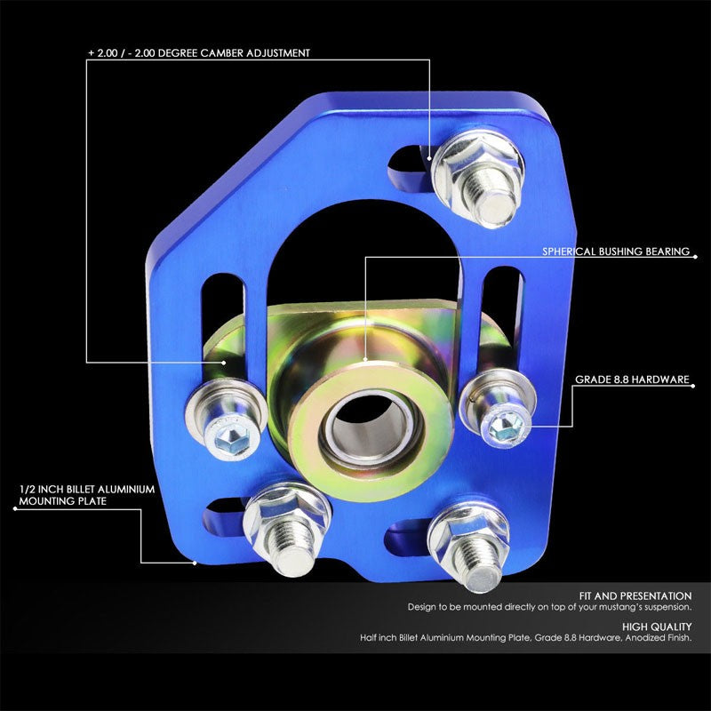 Blue Front Adjustable +/-3 Camber +/-2 Caster Plates Kit For 90-93 Ford Mustang-Suspension-BuildFastCar