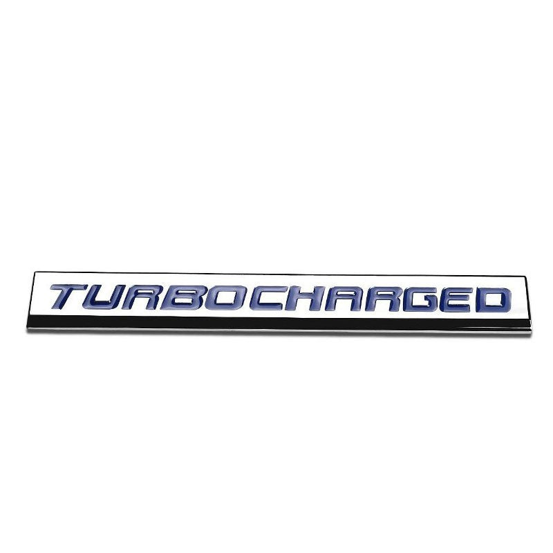 Blue/Chrome TURBOCHARGED Logo Plate Sport Trunk Metal Badge Decal Sticker Emblem-Exterior-BuildFastCar