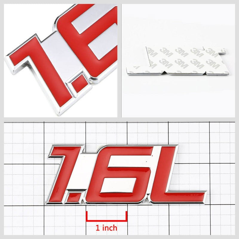 Red/Chrome 1.6L Name Trim Logo Badge Emblem Metal Decal 3M Adhesive Sticker-Exterior-BuildFastCar