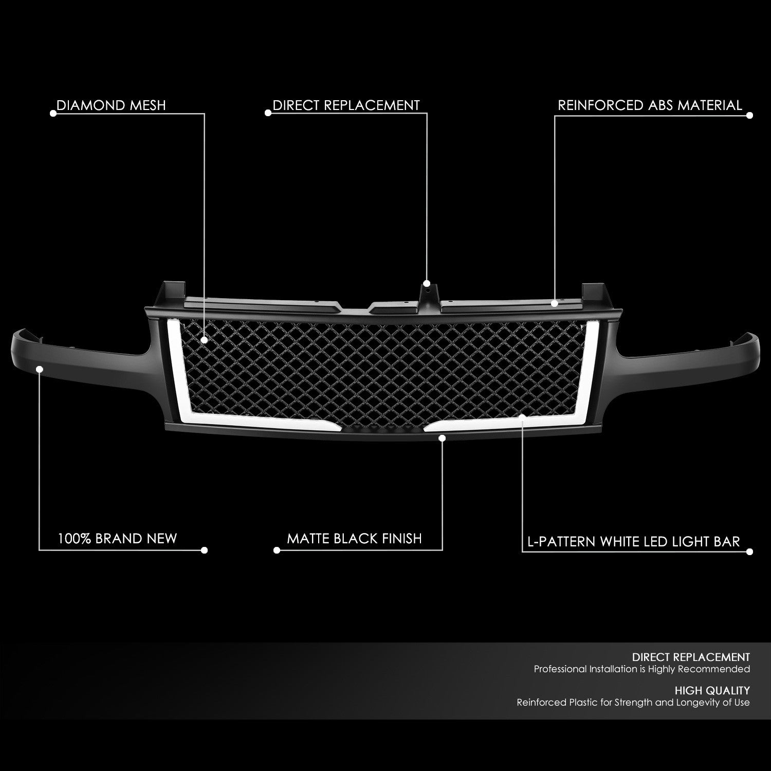 Black Matte Diamond Mesh Front Grille LED DRL Lights 99-02 Silverado BFC-FGR-1-LB-001-T1-MBK