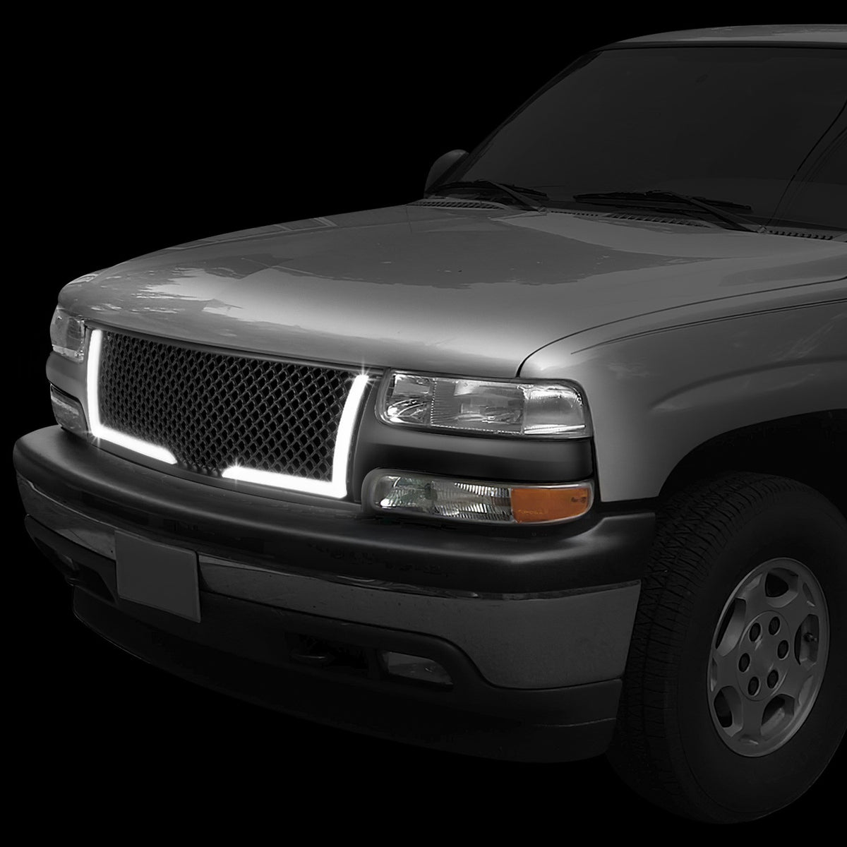 Black Matte Diamond Mesh Front Grille LED DRL Lights 99-02 Silverado BFC-FGR-1-LB-001-T1-MBK