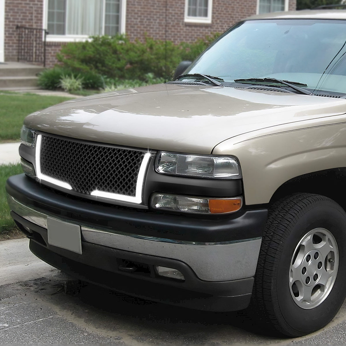 Black Matte Diamond Mesh Front Grille LED DRL Lights 99-02 Silverado BFC-FGR-1-LB-001-T1-MBK