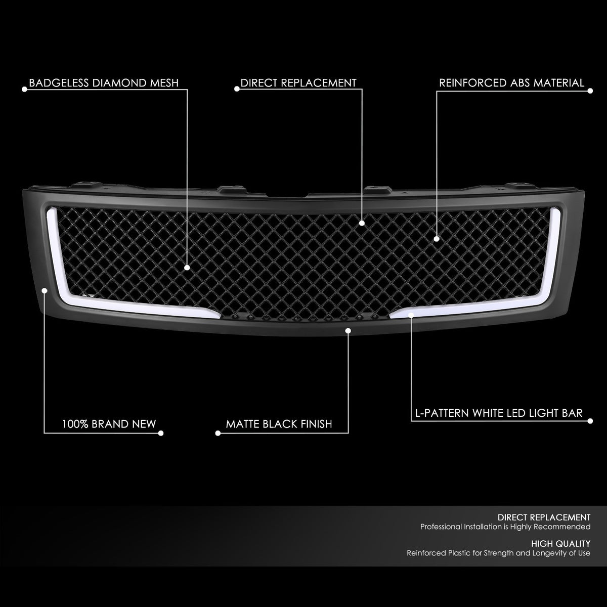 BFC-FGR-1-LB-002T2-MBK Matte Black Diamond Mesh LED DRL Front Grille BFC-FGR-1-LB-002T2-MBK