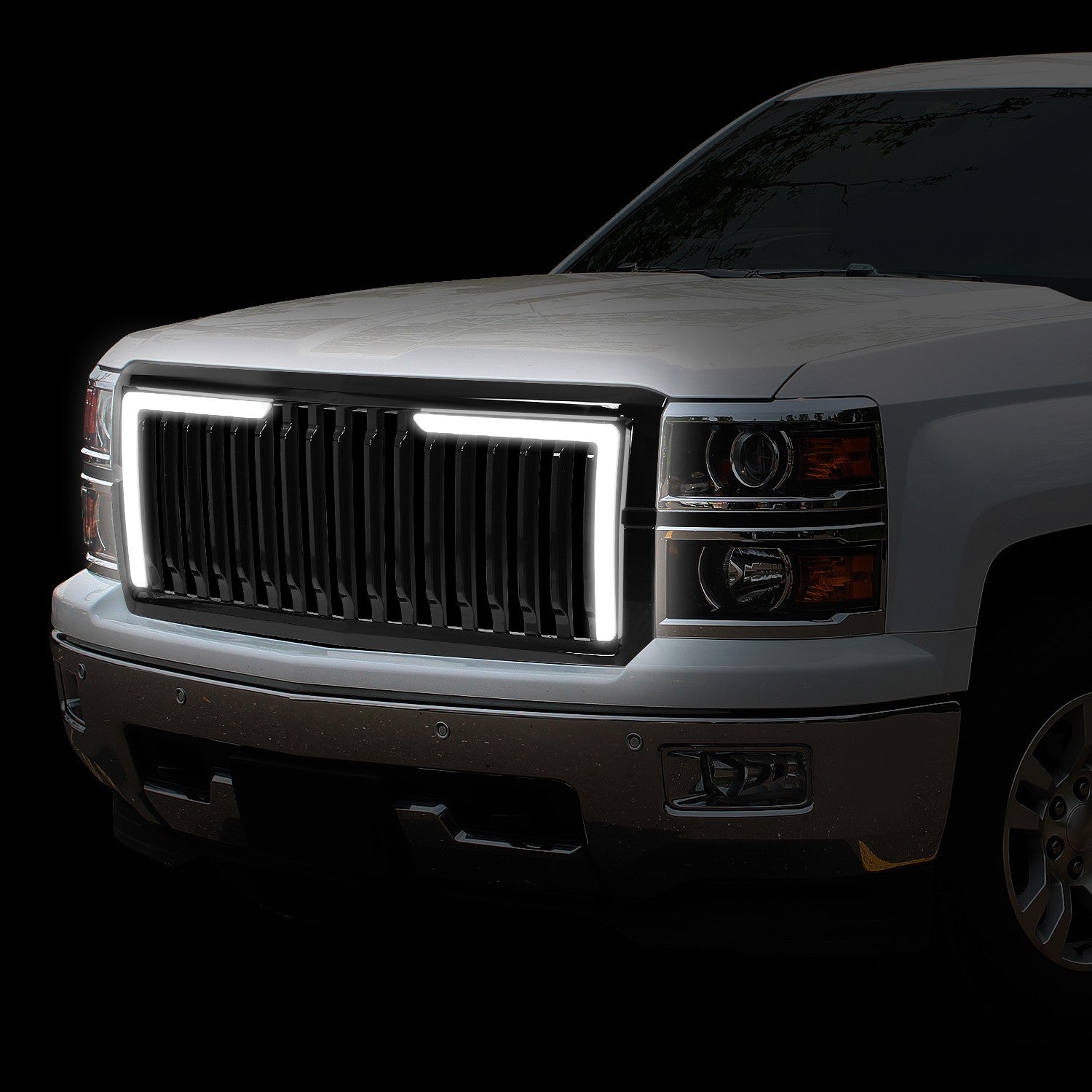 Black Glossy Vertical Slat Front Grille L-Shape LED Bar 14-15 Silverado BFC-FGR-1-LB-004-T6