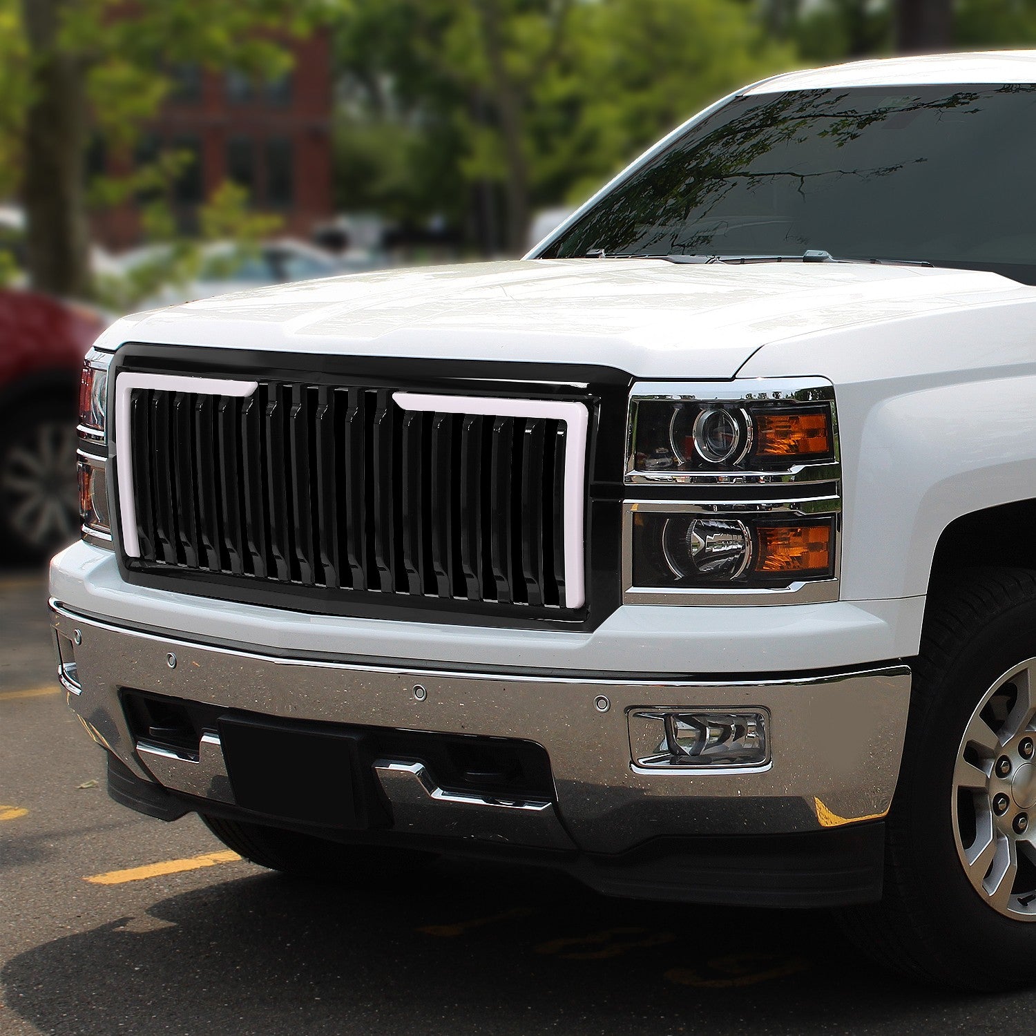 Black Glossy Vertical Slat Front Grille L-Shape LED Bar 14-15 Silverado BFC-FGR-1-LB-004-T6