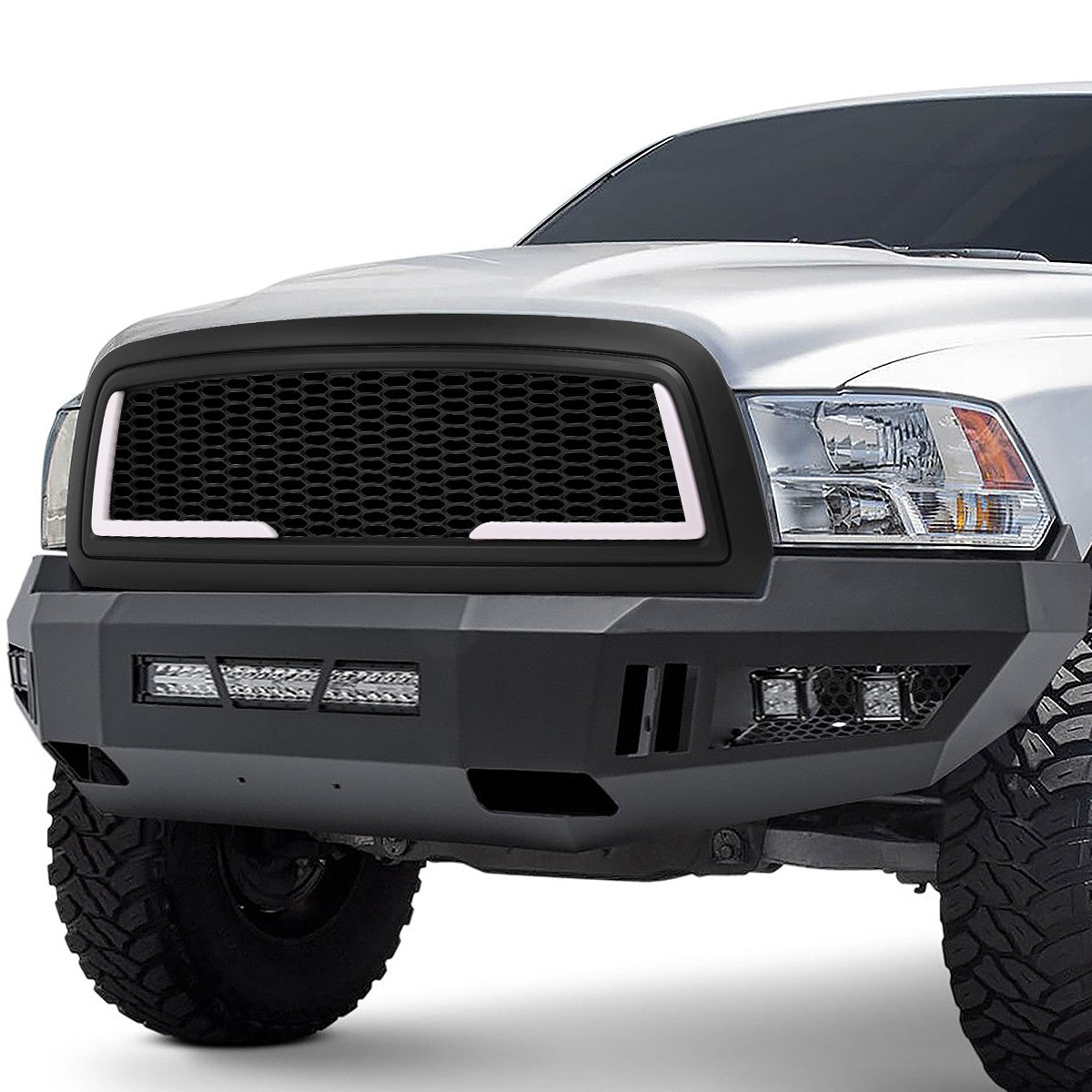 Black Matte Honeycomb Mesh Front Grille L-Shape LED Bar 09-12 Ram 1500 BFC-FGR-1-LB-008-T7