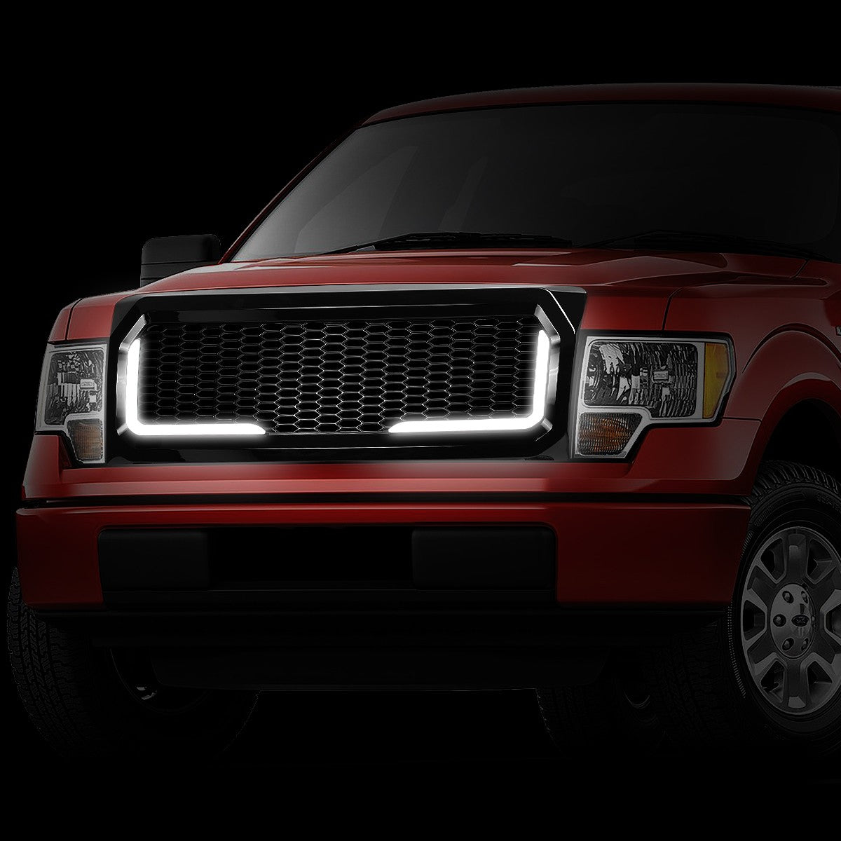 Black Matte Honeycomb Mesh Front Grille L-Shape LED Bar 09-14 F-150 BFC-FGR-1-LB-013-T6