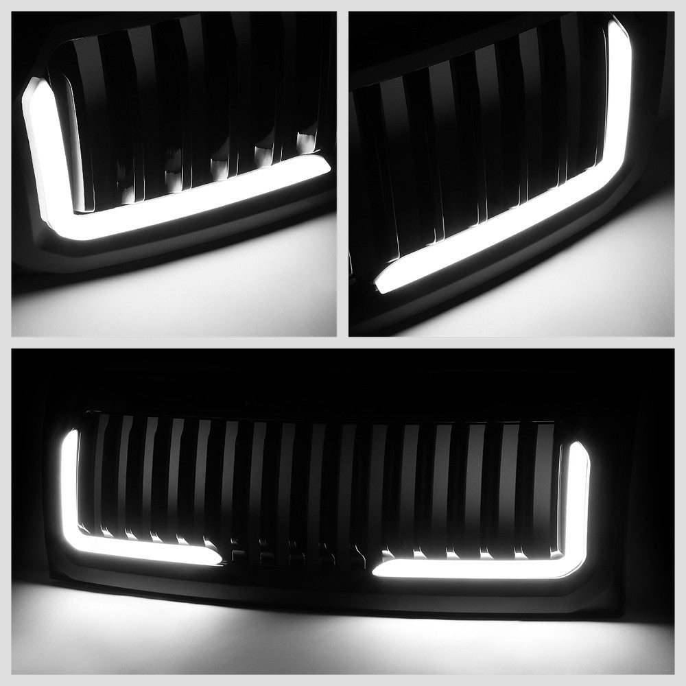 Black Glossy Badgeless Vertical Slat Style Front Grille w/LED For 09-14 F-150