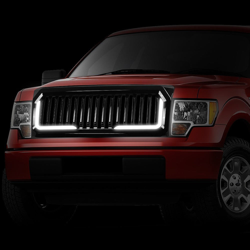 Black Glossy Badgeless Vertical Slat Style Front Grille w/LED For 09-14 F-150