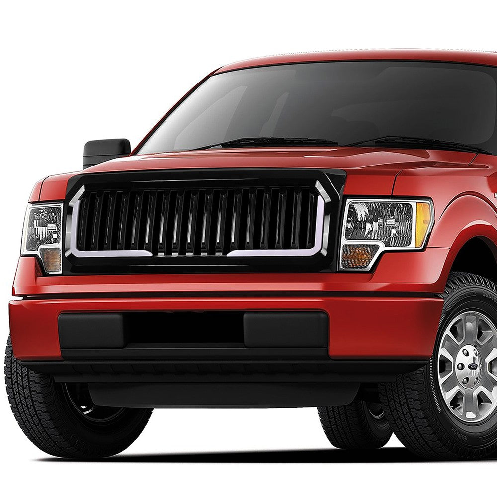 Black Glossy Badgeless Vertical Slat Style Front Grille w/LED For 09-14 F-150