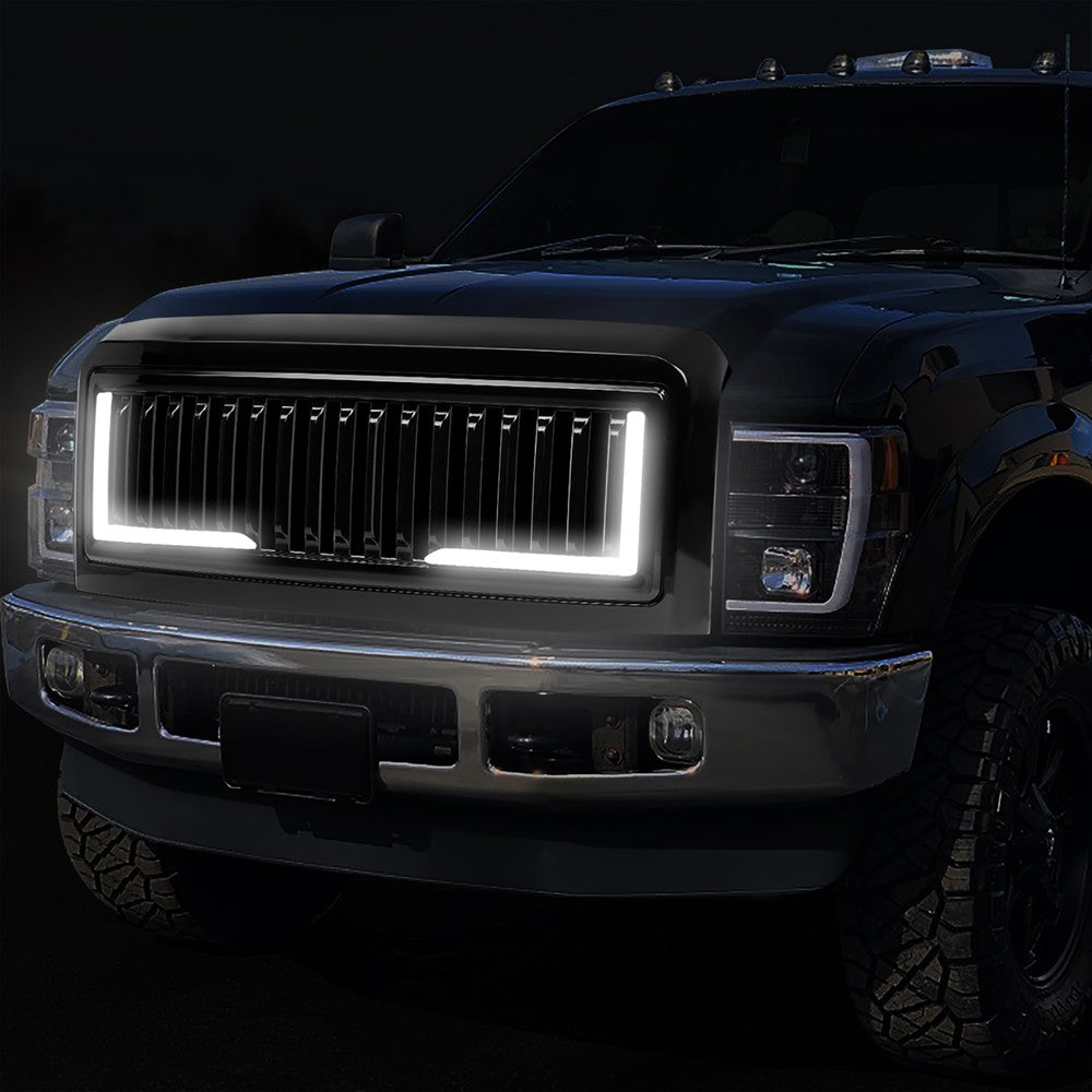 Black Glossy Badgeless Vertical Slat Style Front Grille w/LED For 08-10 F-250 SD