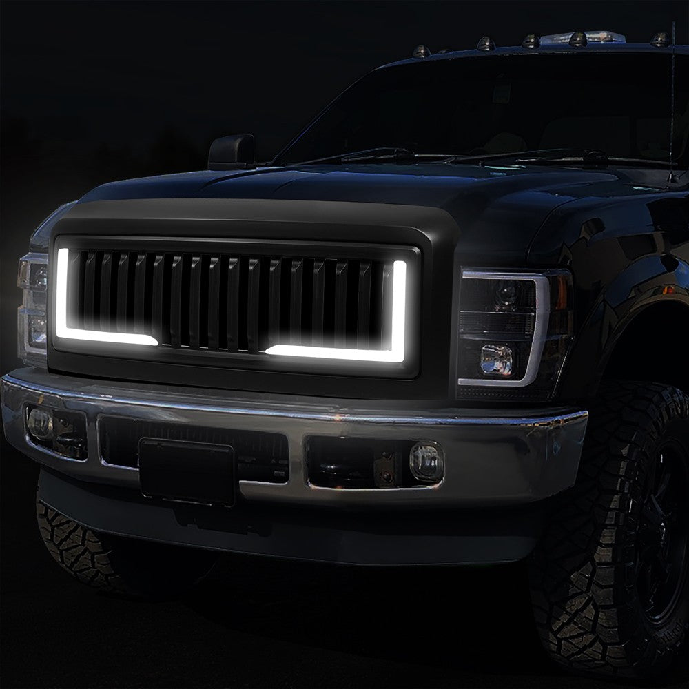 Black Matte Badgeless Vertical Slat Style Front Grille w/LED For 08-10 F-250 SD
