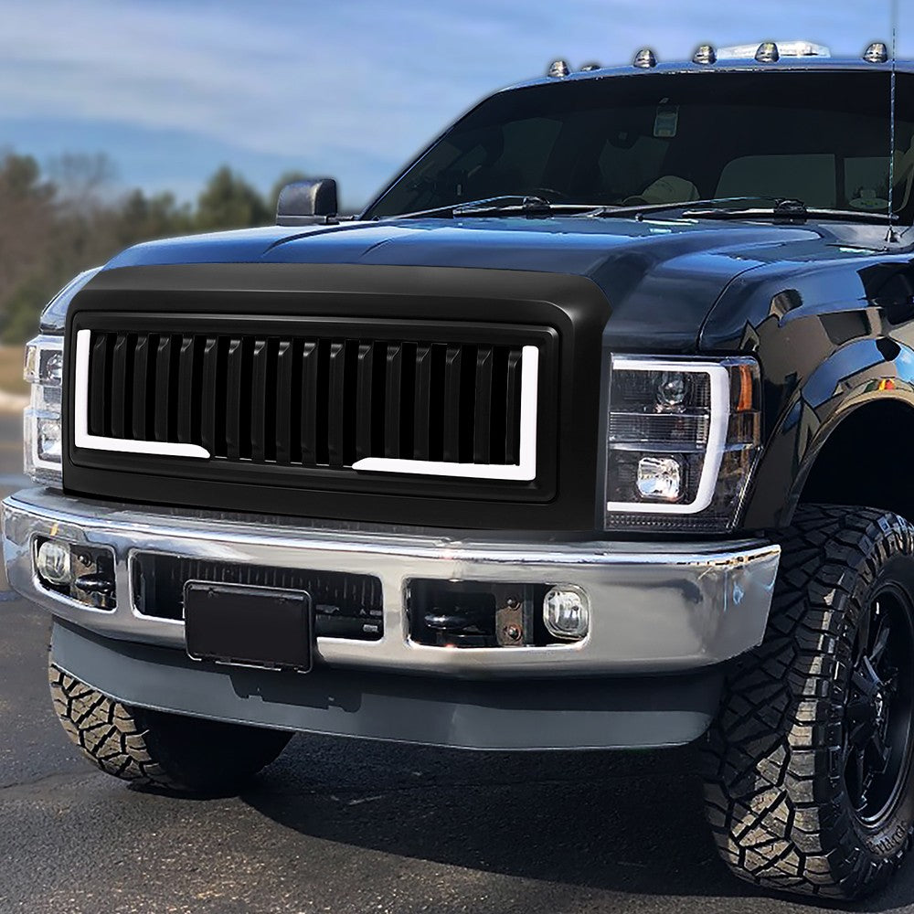 Black Matte Badgeless Vertical Slat Style Front Grille w/LED For 08-10 F-250 SD