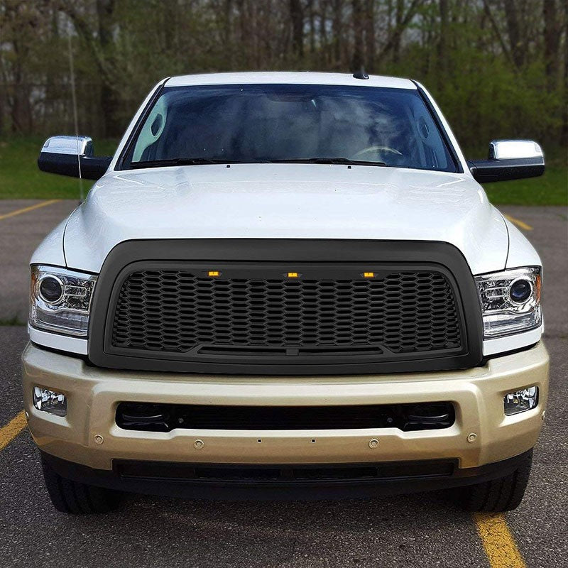 Black Honeycomb Mesh Style Front Grille+LED Lights For 13-18 Ram 2500/3500 V8-Exterior-BuildFastCar