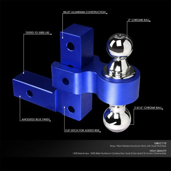 Blue Universal Aluminum Dual Ball Mount Adjustable Trailer Tow Hitch Receiver-Truck & Towing-BuildFastCar-BFC-HITCALU-001BL