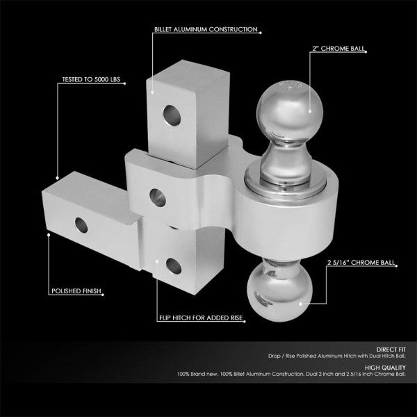 Silver Universal Aluminum Dual Ball Mount Adjustable Trailer Tow Hitch Receiver-Truck & Towing-BuildFastCar-BFC-HITCALU-001SL