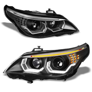 Black Housing/Clear Lens 3D LED U-Bar Projector Headlight For 04-07 BMW 525i-Lighting-BuildFastCar
