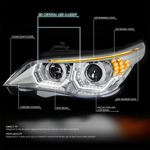 Chrome Housing/Clear Lens 3D LED U-Bar Projector Headlight For 04-07 BMW 525i-Lighting-BuildFastCar