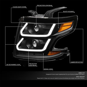 Black Housing/Clear Lens/Amber 3D U-Bar Projector Headlight For 15-18 Tahoe-Lighting-BuildFastCar