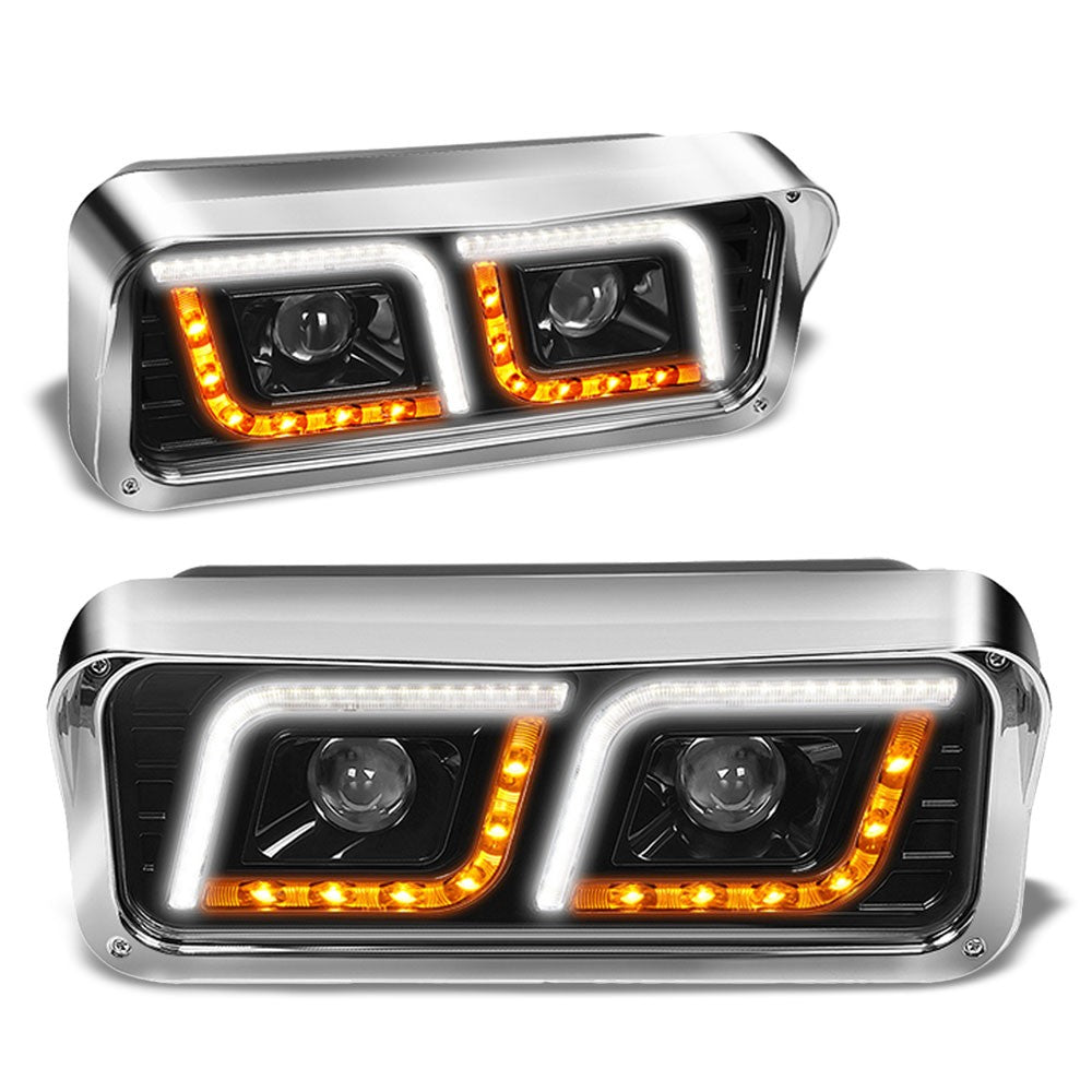 Trailer Headlight (Black Housing/Chrome Frame, Clear Lens, ABS Plastic/Polycarbonate Lens, Full LED) Works With 1987-2019 Kenworth T800