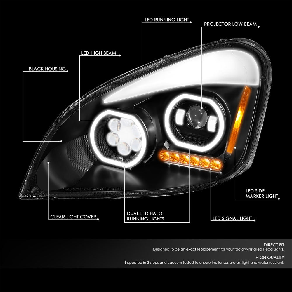 Black Housing Clear Lens LED Trailer Headlight For 08-17 Freightliner Cascadia