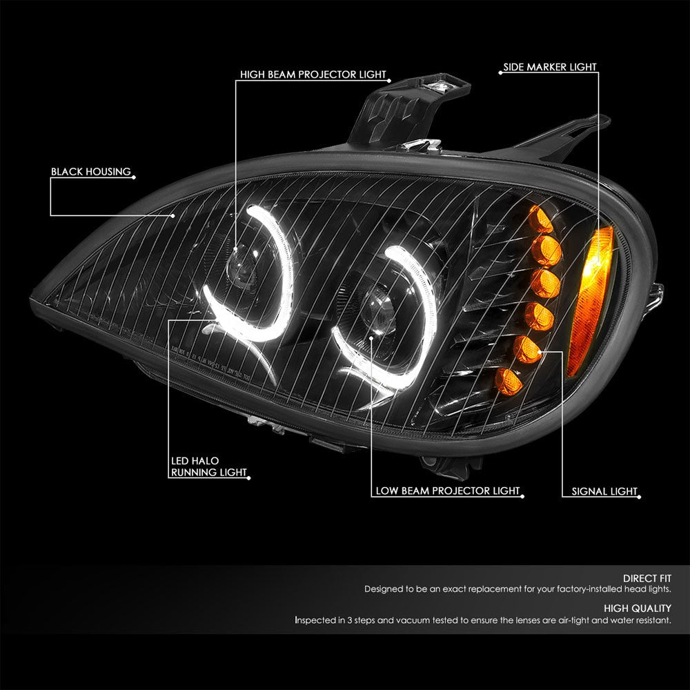 Black Housing Clear Lens LED Trailer Headlight For 04-17 Freightliner Columbia