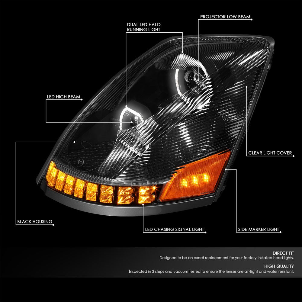Black Housing Clear Lens LED Trailer Headlight For 04-18 Volvo VN/VNL Diesel