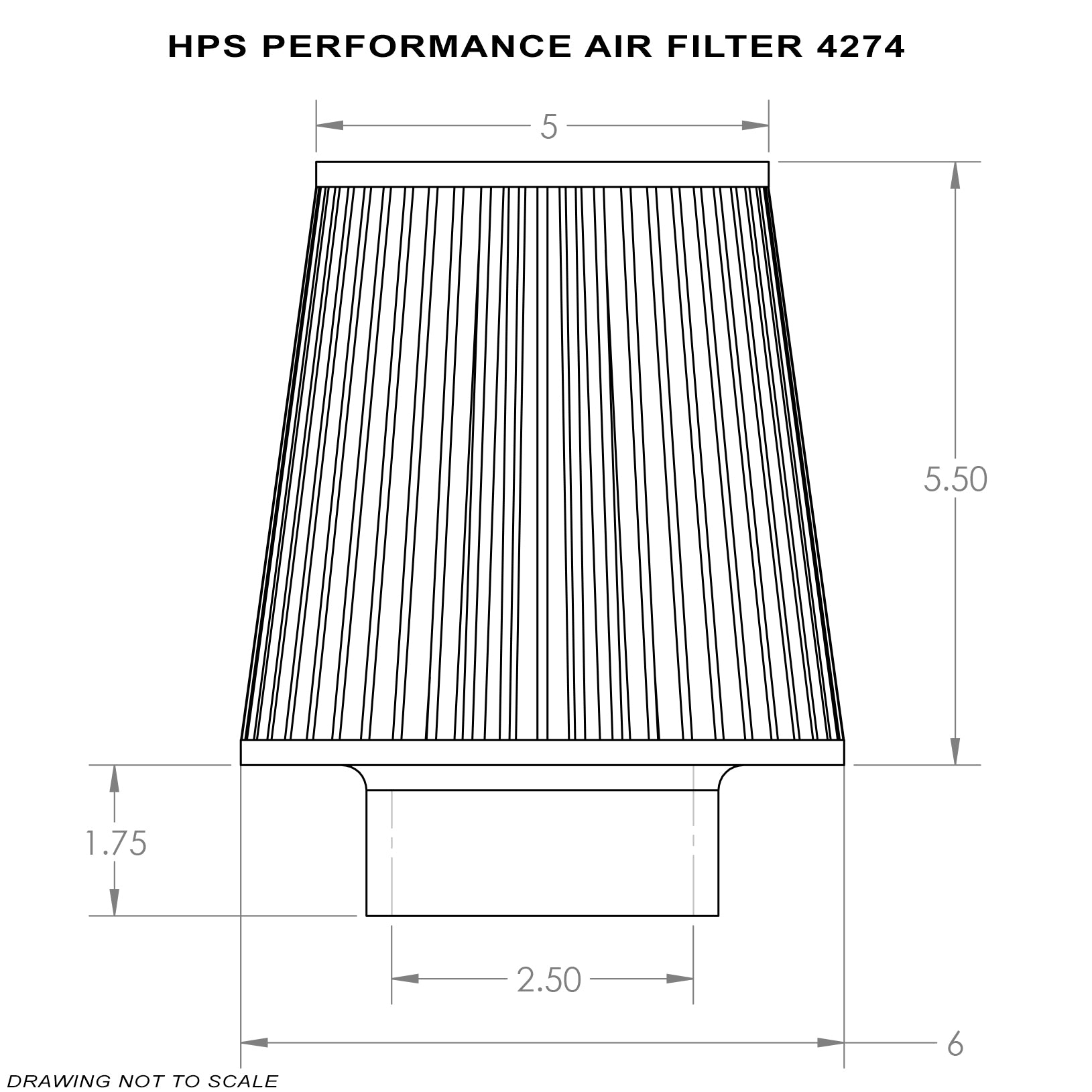 HPS Performance Universal Air Filter 2.5" ID , 5.5" Element Length, 7-1/4" Overall Length HPS-4274-Filter-BuildFastCar