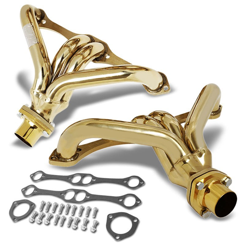 J2 Gold Small Block Hugger Exhaust Header For 66-96 Chevy SBC 305 327 350 400