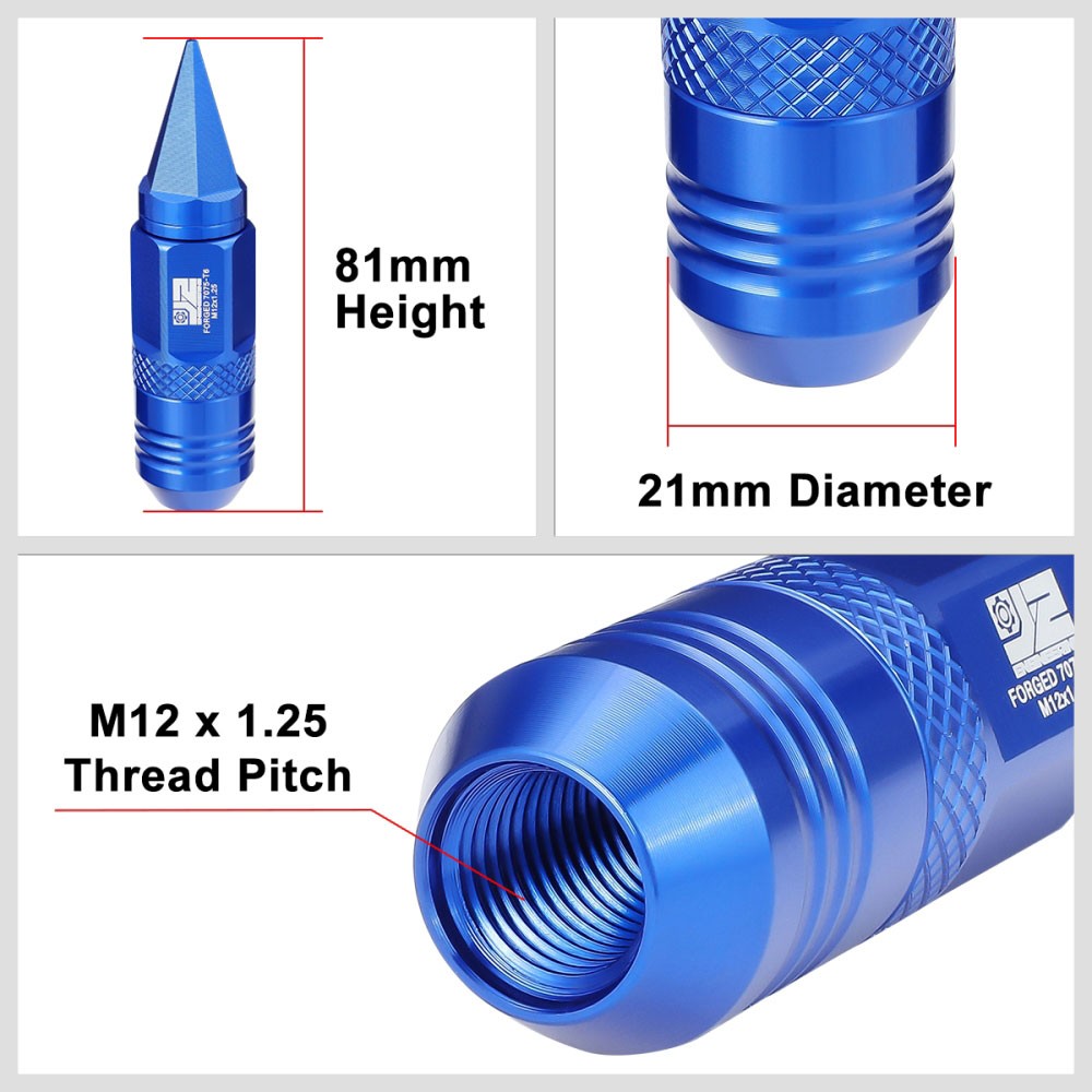 J2 20PCs Blue M12x1.25 Open / Closed End Spike 81mm Tall Lug Nuts J2-LN-T7-029-125-BL