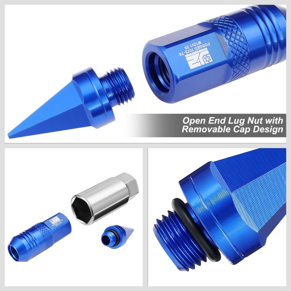 J2 20PCs Blue M12x1.25 Open / Closed End Spike 81mm Tall Lug Nuts J2-LN-T7-029-125-BL