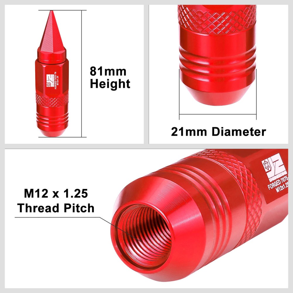 J2 20PCs Red M12x1.25 Open / Closed End Spike 81mm Tall Lug Nuts J2-LN-T7-029-125-RD