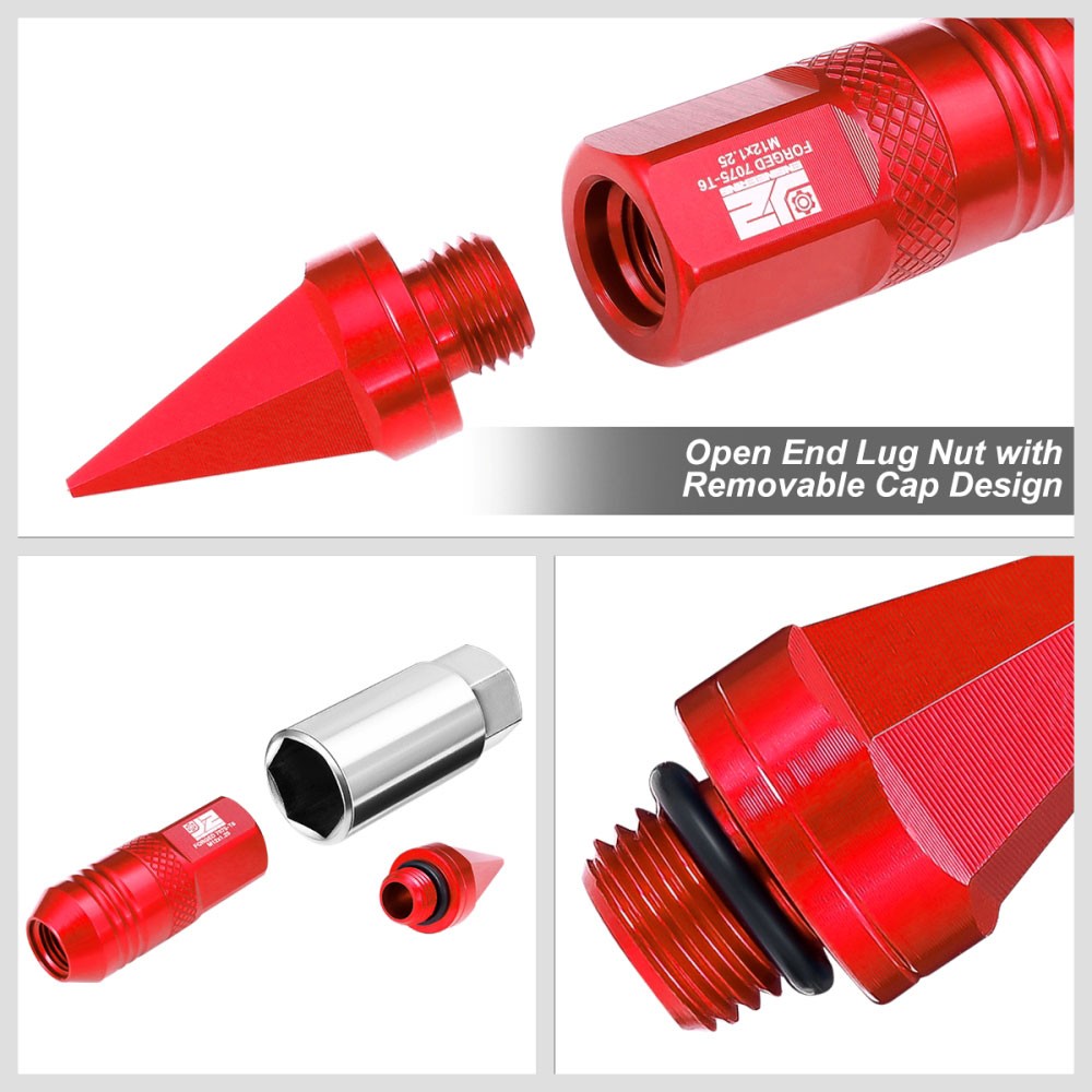 J2 20PCs Red M12x1.25 Open / Closed End Spike 81mm Tall Lug Nuts J2-LN-T7-029-125-RD